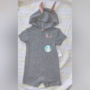 Gray Hooded Baby Romper Bunny Ears Easter outfit  Easter bunny carrots 12 months